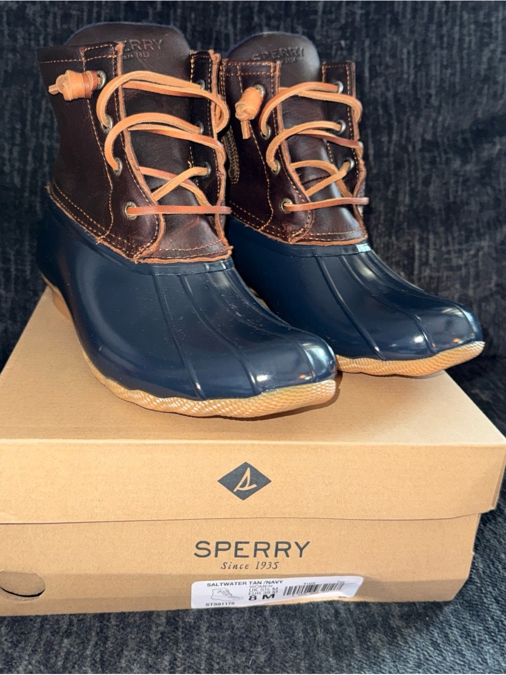 Sperry Women’s Saltwater Duck Boots Size 8 NEW NIB Navy Blue & Brown Leather